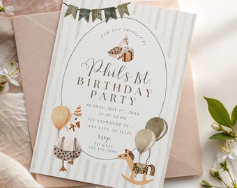 Vintage Goose 1st  Birthday Party Invite Template, Sage Green, Editable in Canva, First Birthday Invitation, Neutral, Balloons, Customize