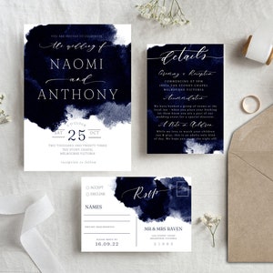 Navy Blue Wedding Invitation| Invitation Suite | RSVP | Wedding Details Card | Wedding Template | Navy Blue Watercolor, Minimalist Wedding