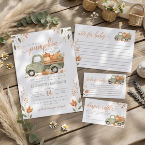 Sage Green Truck Pumpkin Baby Shower Invitation Suite: Fall Gender Neutral Invite Template Set (Digital Download 5x7") fsg1