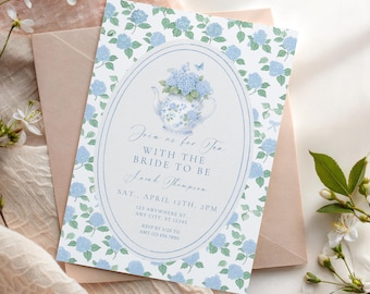Bridal Shower Invite For A Tea Party, Bridal Shower Tea Party Invite, Canva Invitation, Printable Bridal Tea Shower Invite, Something Blue,