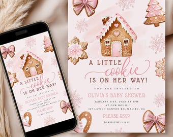 May include: A baby shower invitation with a pink background and gingerbread house illustrations. The text "A Little Cookie Is On Her Way!" is displayed, along with event details. A smartphone displays the same design.