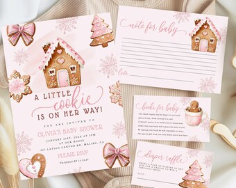 May include: A baby shower invitation set with a gingerbread theme. The invitation features a pink and brown gingerbread house and the text "A Little Cookie Is On Her Way!". Includes a onesie, note cards, and a wooden rocking horse.