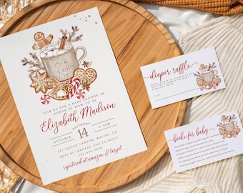May include: Baby shower invitation and cards with a gingerbread theme. The invitation features a mug of hot cocoa, gingerbread cookies, and candy canes. The cards include a diaper raffle and books for baby.