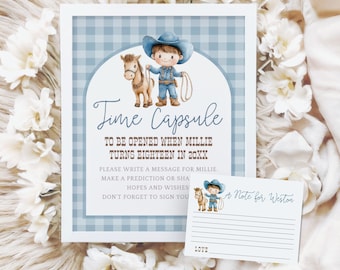May include: A Time Capsule card with a blue gingham background and a cowboy illustration. The card reads "Time Capsule" and includes space for a message. A smaller note card is also included, with the text "A Note for Weston."