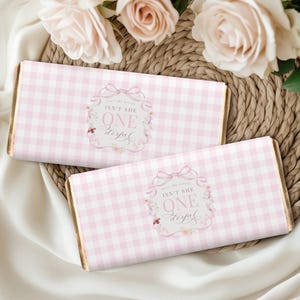Isn't She ONEderful Candy Bar Wrapper Template - Pink Gingham, Floral, and Ladybugs - Templett