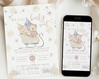 Winter Bear Baby Shower Invitation, Watercolor Snowflakes, Bear Sleigh (Digital Download)