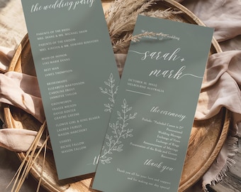 Sage Green Hochzeitsprogramm, sofortiger Download, Hochzeitszeremonie Programm, Sage Green Hochzeitsprogramm Vorlage, Canva Vorlage, Botanische
