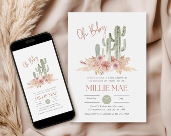 Cactus uitnodiging babyshower, sjabloon cactus babyshower | Bewerkbare cactus babyshower uitnodiging, 5 x 7 uitnodigen. Direct downloaden