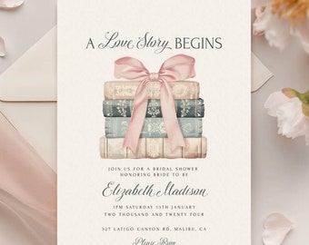 Love Story Bridal Shower Invite -  A New Chapter Wedding Shower - Library Invitation - Storybook Design - Pink Bow - Templett - lsbs1