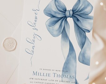 Blue Bow Baby Shower Invitation - Editable Template - Blue Coquette Baby Shower Invite- Templett - 777