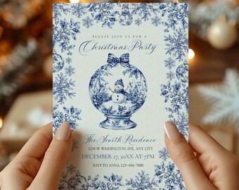 Blue and White Chinoiserie Christmas Invitation - Toile Snow Globe Design (Digital Download) - chch1