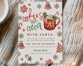 May include: A Christmas party invitation with a festive illustration of cookies and cocoa with Santa. The invitation reads "Cookies and Cocoa with Santa" and includes the date and time of the party, the location, and a request to RSVP.