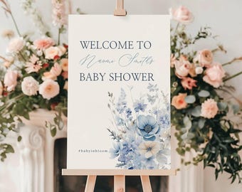 Baby In Bloom Welcome Sign Blue - Editable Blue Wildflower Welcome Sign Template - Baby Shower Poster - Instant Download - Templett - bibbl