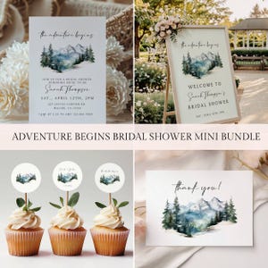 L'aventure commence Bridal Shower Bundle, Shower nuptiale en montagne, imprimable, modifiable sur toile, décorations de cupcakes, carte de remerciement, Templett