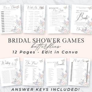 Butterfly Bridal Shower Games, He Said She Said, Guess the Dress, Bridal Bingo, Printable Bridal Shower Games, Wedding Scramble, Canva
