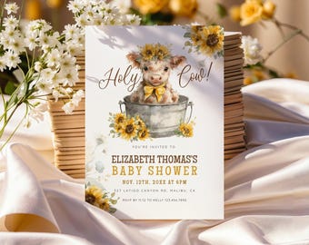 Highland Cow And Sunflower Baby Shower Invitation, Editable Digital Template, Fall/Autumn - 018