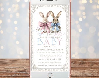 Gender Reveal Invite Digital Blue Bunny - He or She Gender Reveal Rabbit - Easter Gender Reveal - Mobile Templett - Editable Template - brgr