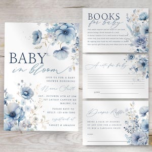 Baby In Bloom Invitation Blue, Blue Floral Baby Shower, Baby In Bloom Baby Shower Invitation, Editable Template, Minimal, Templett - BIBBL