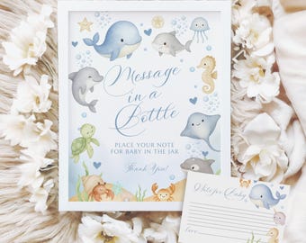Message in a Bottle Sea You Soon Baby Shower Table Sign & Note Card, Templett - 0121