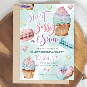 Invitación de cumpleaños de Sweet Sassy y Seven, imprimible, para niña, plantilla Templett
