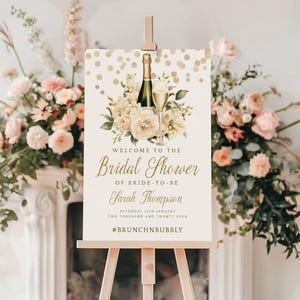 Brunch And Bubbly Welcome Sign Pink,  Editable Welcome Sign, Blush Pink Floral, Champagne Brunch Bridal Shower Sign, Rose Gold, 1bnb