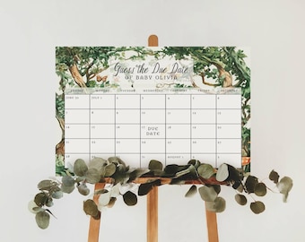 May include: A printable baby shower game with a woodland theme. The game is a calendar with the text "Guess the Due Date of Baby Olivia".