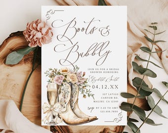 Boots And Bubbly Ivory Bridal Shower Invitations, Editable Template, Western Bridal Shower, Edit & Print Today, Boots And Bubbly Evite