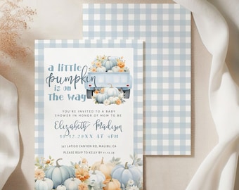 Baby shower a tema camion blu con zucca, invito modificabile per baby shower a tema piccola zucca, invito per baby shower autunnale, baby shower a tema camion blu, bambino, 033