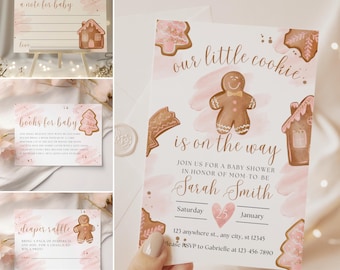 May include: A baby shower invitation set with a gingerbread cookie theme. The invitation features the text "our little cookie is on the way" and includes details for the event. Additional cards include "a note for baby", "books for baby", and "diaper raffle".