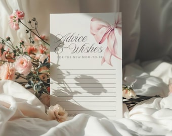 Advice Cards For Baby Shower Pink Bow - Editable Pink Bow Baby Shower Advice Cards - Canva Template- Perfect for Baby Girl Showers