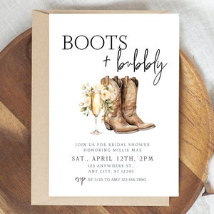 Boots And Bubbly Bridal Shower Invitations, Editable Template, Western Bridal Shower, Edit & Print Today, Boots And Bubbly Invitation