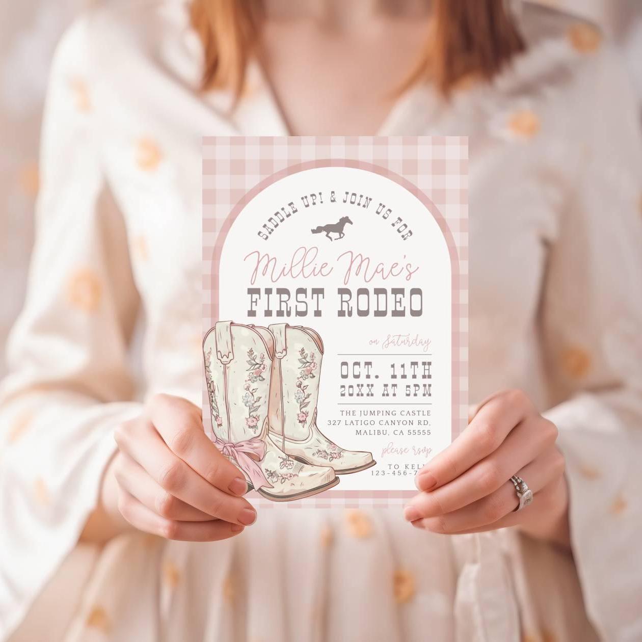 My First Rodeo Girl Birthday Invite, Cowgirl First Birthday Invitations ...
