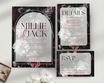 Conjunto de invitaciones de boda oscuras y melancólicas, flores melancólicas, invitación de boda melancólica, invitación de boda DIY / paquete de boda gótica con flores melancólicas