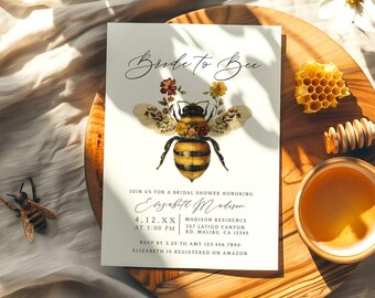 Bride to Bee Bridal Shower Invitations, Editable Template, Honeybee Bridal Shower, Edit & Print, Floral Bee Invitation, Templett - btbbs