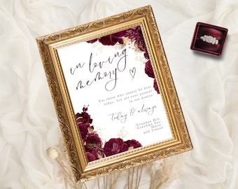 In Loving Memory Wedding Sign, Burgundy and Gold Wedding, Canva Template, Printable Sign, Roses In Loving Memory Wedding Poster Template