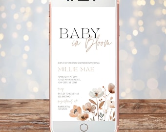 Boho Baby In Bloom Mobile Invite, Boho Wildflower Baby In Bloom Baby Shower Invitation, Editable Template, Neutral Floral Invite, Canva