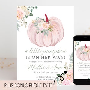 A Little Pumpkin is on Her Way Baby Shower Invitation, Little Pumpkin Baby Shower Invitation Template Set , Editable, Pink Fall Shower, PP2