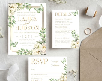 Sage Green Floral Wedding Invite Set, Invitation Suite, Floral Wreath, Printable Diy Rsvp, Wedding Invitation Set Printable, Greenery