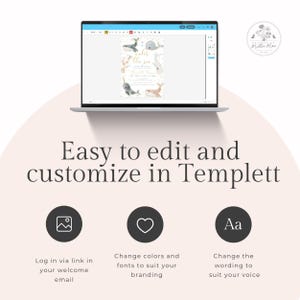 May include: A laptop screen displaying an editable invitation template with watercolor sea creatures and the text under the sea. Below the screen, the text reads Easy to edit and customize in Templett, accompanied by three circular icons for image, heart, and text.