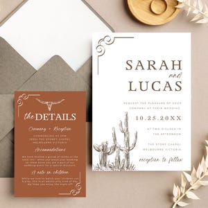 May include: A wedding invitation suite with a rustic desert theme. The invitation features a hand-drawn illustration of cacti and the text "Sarah and Lucas" in a serif font. The details card features a brown background with a white bull skull illustration and the text "the DETAILS" in a serif font.