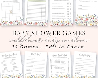 Baby in Blüte Duschspiele Neutral | Babypartyspiel-Bundle | Druckbare Babyparty Spiele | Wildblumen Baby in voller Blüte, bearbeiten in Canva