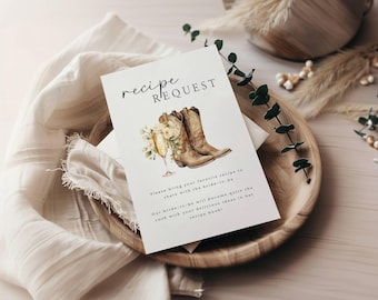 Bridal Shower Recipe Request Card, Recipe Card Bridal Shower, Boots and Bubbly, Bridal Shower Game, Printable Templett Template, Editable