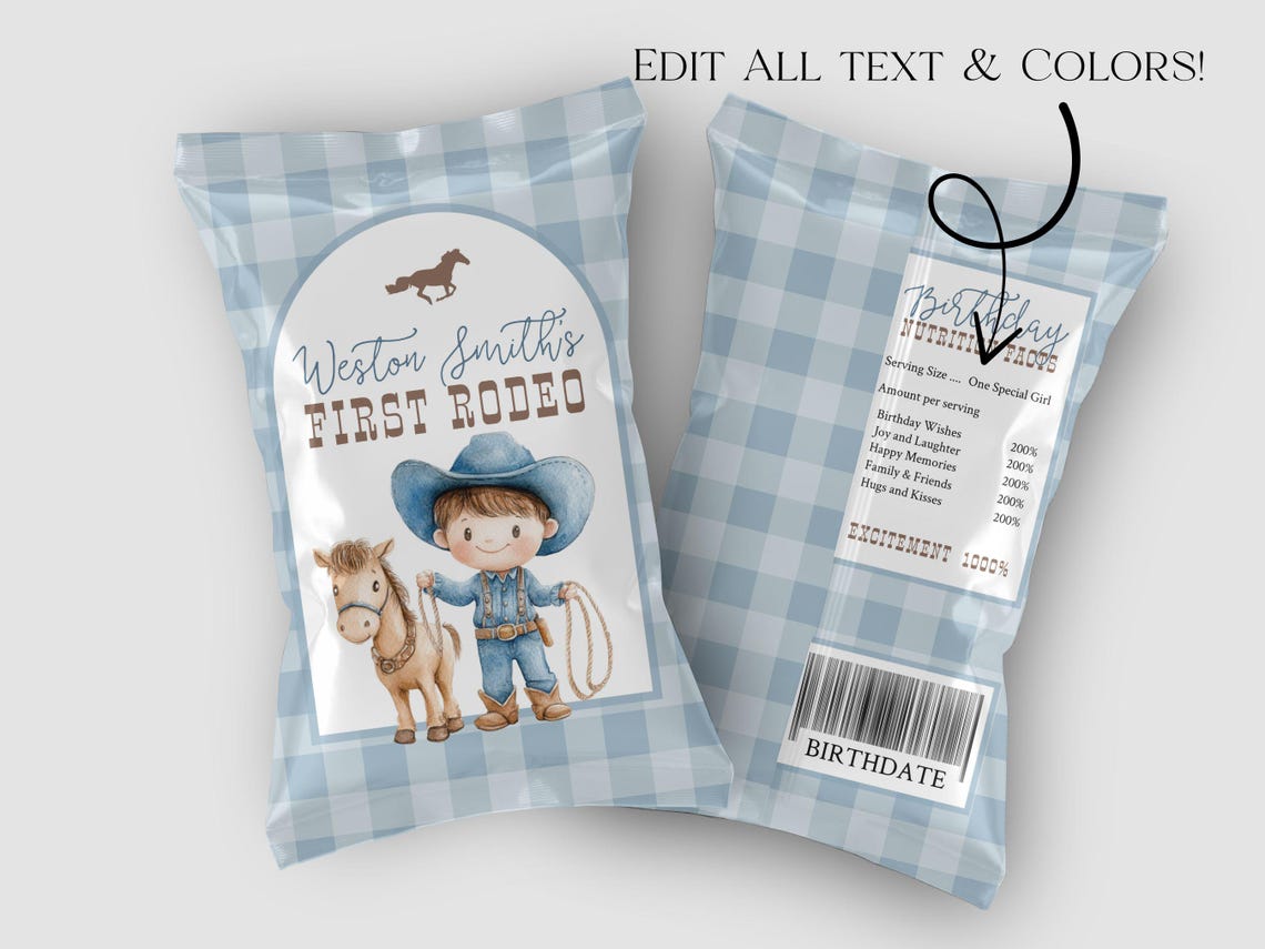 My First Rodeo Chip Bag First Rodeo Chip Bag Template - Editable Blue Cowboy Chip Bag Favor ...