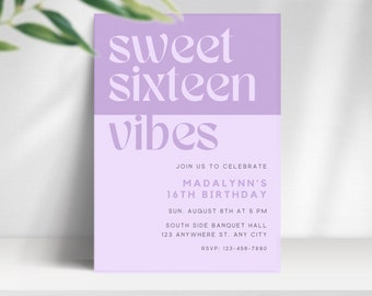 Sweet Sixteen Invitation, Purple Sweet 16, Birthday Invite, Editable Invitation & Back Template, Digital Instant Download Editable Invite