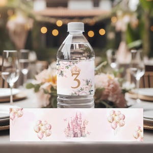 Princess Water Bottle Label Template - Editable Princess Water Bottle Wraps - Printable Bottle Stickers - Edit in Templett - Pink Castle