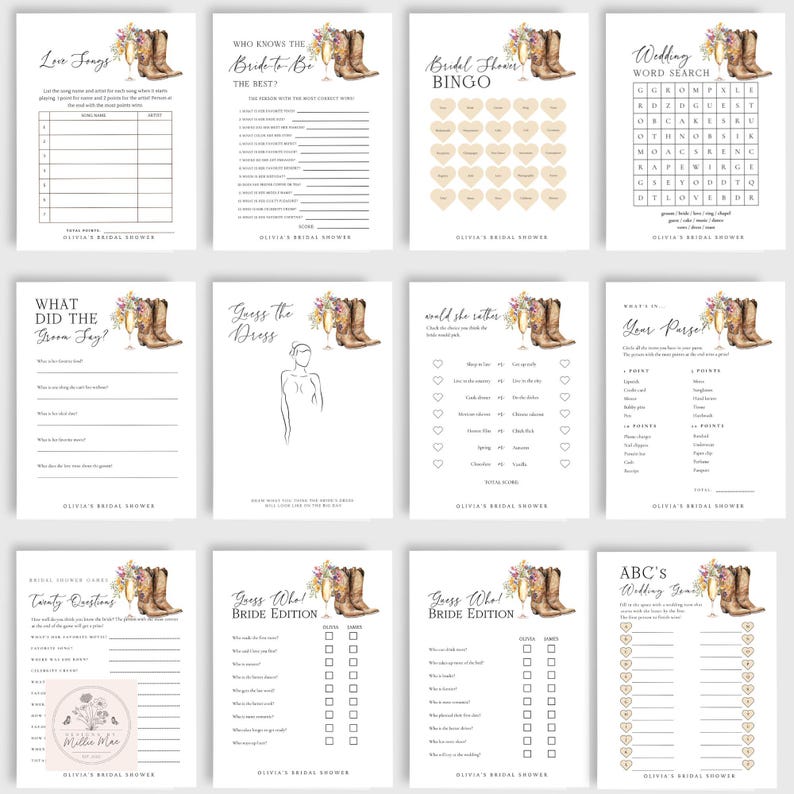 Paquete de juego para despedida de soltera con botas y burbujas, descarga instantánea, accesorio adicional para despedida de soltera con botas vaqueras, juego "Él dijo, ella dijo", flores silvestres imagen 3