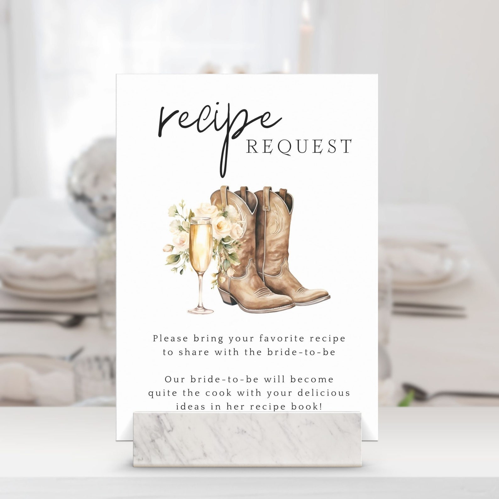 Bridal Shower Recipe Request Card, Recipe Card Bridal Shower, Boots and ...