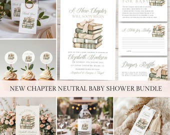 May include: A selection of baby shower stationery with a book theme. Includes invitations, thank you tags, cupcake toppers, a welcome sign, water bottle labels, and a bookmark. The text "A New Chapter" is featured.