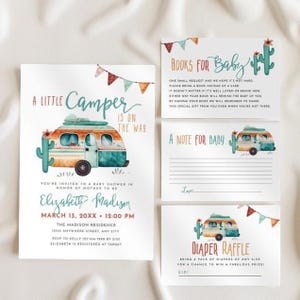 Little Camper Baby Shower Invite Set, Little Camper Baby Shower Template, Books for Baby, Note for Baby, Diaper Raffle, Template, Templett