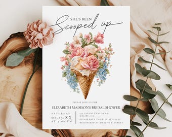 She Is Scooped Up Invite - Printable Editable Template, Icecream Bridal Shower Invite, Edit in Templett, She's Been Scooped Up, scubs